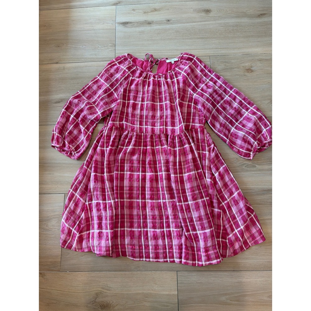 Madewell Pink Plaid Dobby Babydoll‎ Mini Dress Balloon Sleeve Tie Back Size S